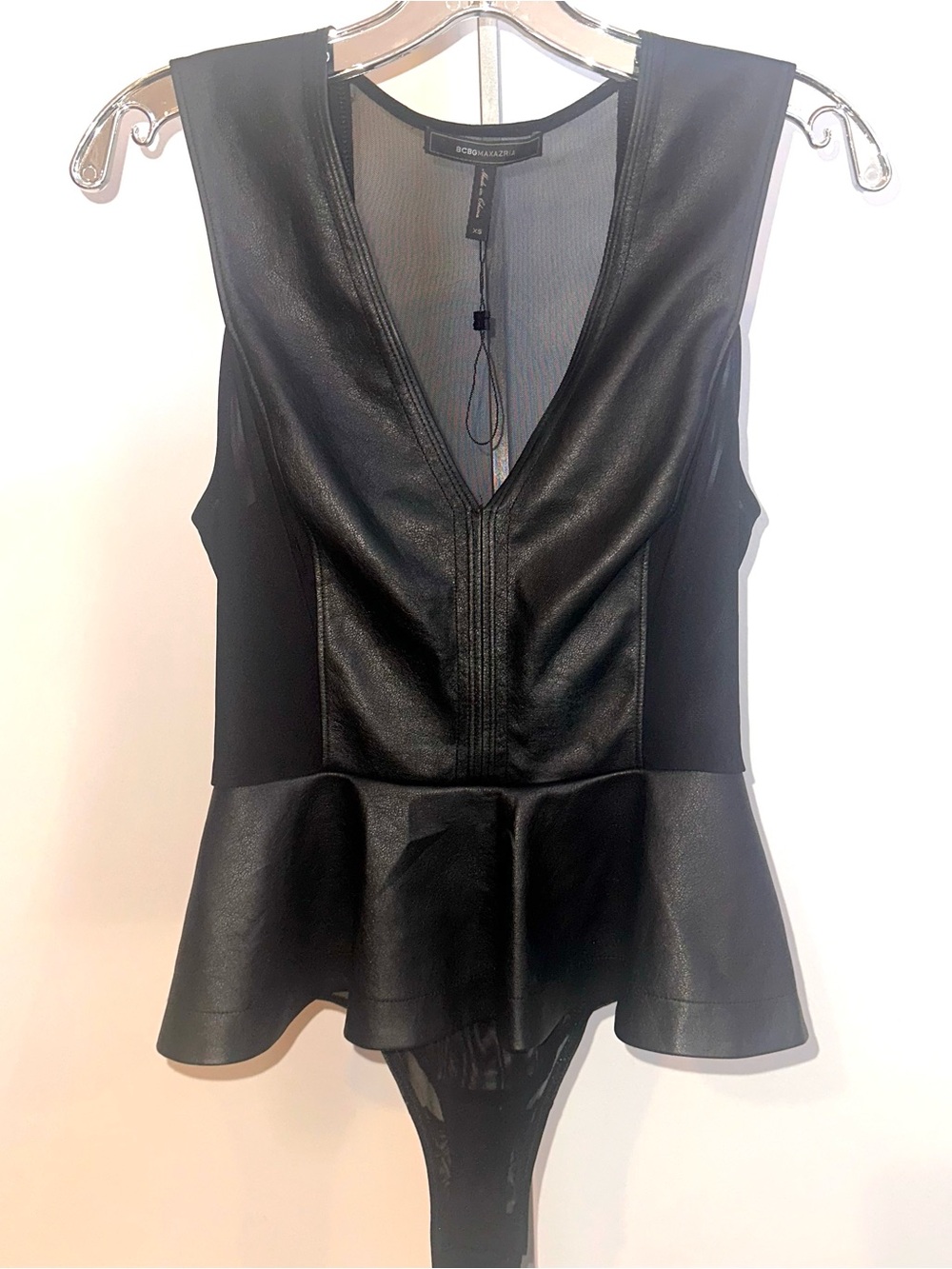 BCBGMAXAZRIA Black Vegan Leather Peplum Bodysuit Top XS